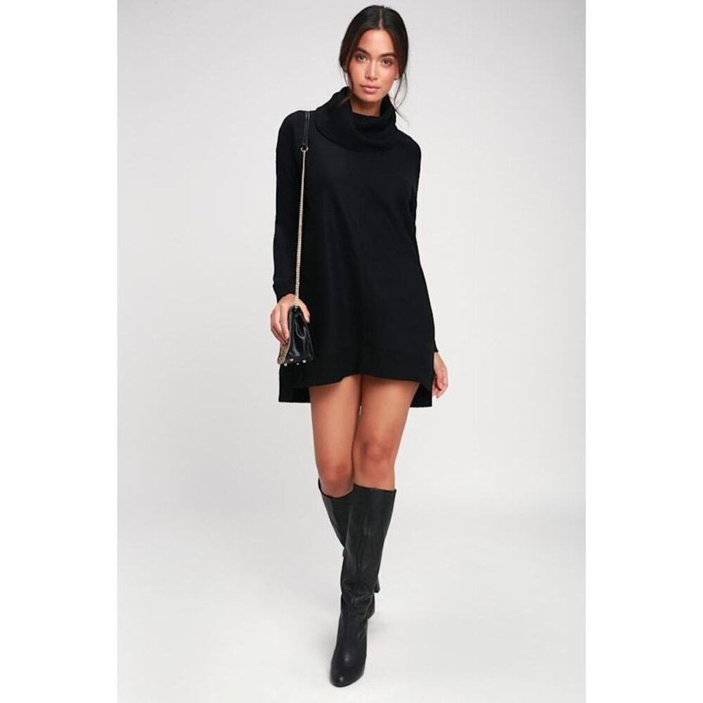 Lulus Autumn Daze Black Cowl Neck Long Sleeve Sweater Dress - Size XS